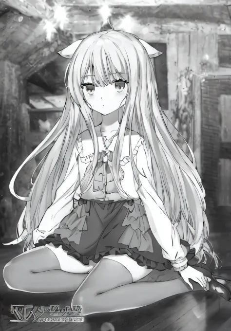 Anime girl sitting on the floor，With a knife in his hand, Holo is a wolf girl, Anime girl with long hair, black and white manga ...