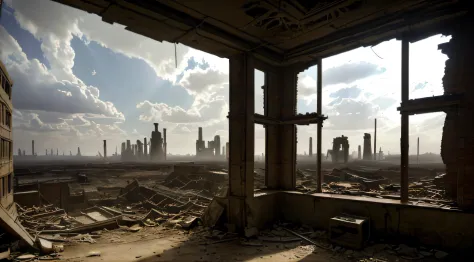 post-apocalyptic[city:3]interiors，wasteland,post-apocalyptic,desolate,barren,Abandoned, com cores neutras,cinema shot,the complex background，The ruins of tall buildings, broken cities，Huge piles of ruins of tall buildings，(ruined buildings:1.2),(cracked gr...