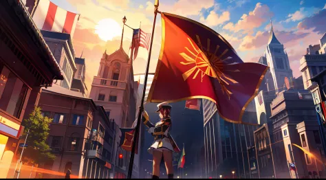 (Cinematic quality)，(Complicated details)，(Ascending Sun Empire)，(Red alert)，A bustling capital，Spectacular city，The flag is rai...