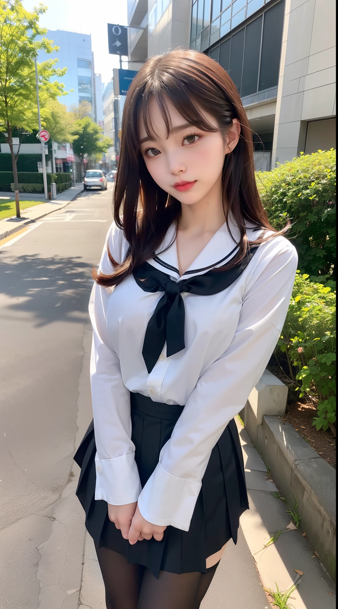 22year old、 (Japan idol), ((Dynamic Pose)), sexypose、pale skin, (((Natural breasts, Big breasts))), (aegyo sal:1.1), (Narrow waist), ((bobhair)), brown haired, ((Puffy eyes)), Looking at the camera, Smiling, Sexy, Bangs, veranda, public, (Bokeh), Ultra-detailed, Best Quality, 超A high resolution, (NSFW:1.05),No panties、(Black pantyhose)、Downtown at night、Right in the middle of the path、Back alley、(((Open clothes to show off your breasts)))、Put out the 、 show through、red blush、hard breathing、perspiring、wetted skin、Wet clothes、((Boldly pull up the skirt:1.3))、(((No pubic hair:1.2)))、Standing in the middle of the road、Blue pleated skirt、Inner Stock、fully body photo、a sailor suit、Japan School Uniforms、natural