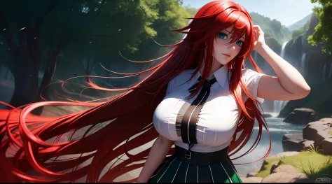 focused upper body, 1 girl, rias gremory, white shirt, black skirt, big breast bust, sparkling green eyes, (((school background)...