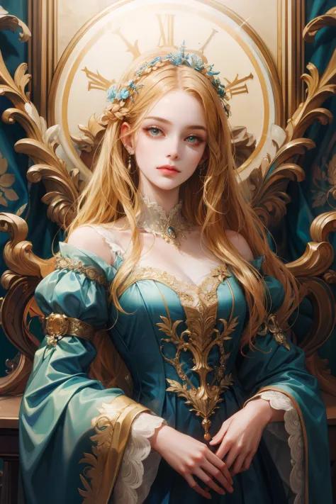(absurderes, A high resolution, Ultra detailed), 1girll, Solo, mature, baroque, Long dress, longer sleeves, elegant, Colorful, h...