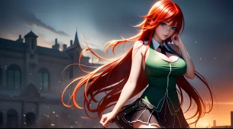 focused upper body, 1 girl, rias gremory, tank top, black skirt, big breast bust, sparkling green eyes, (((school background))),...