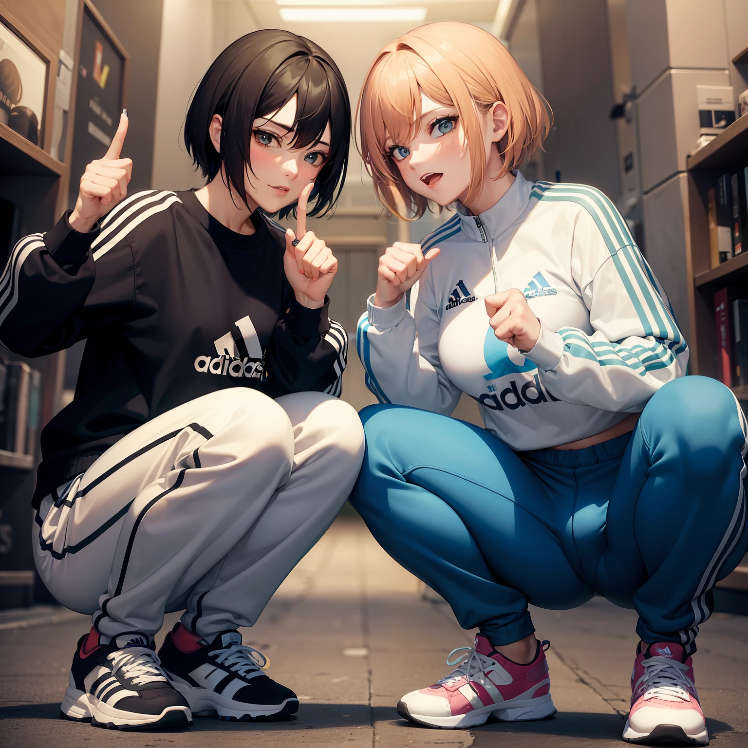 Two anime girls pose for a picture in a library - SeaArt AI