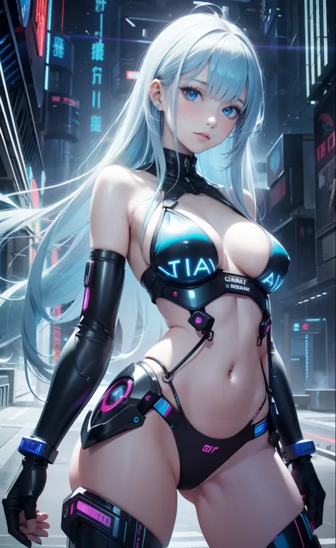 Masterpiece, Best Quality, Girls, Slender, Blue Eyes, Hair Color, Iridescent, Long Hair Spreading, White Skin, Medium, Cute, Sexy, Near Future, Cyberpunk, Bikini, Exposed Skin, Night, Psychedelic, Trip, Extreme Color, Paisley Theme, Open Legs, Mechanical L...