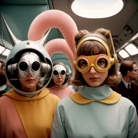 4k portrait of 1960s science fiction by Wes Anderson, Vogue anos 1960, pastels colors, Man with a fish mask wearing weird retro futuristic outfits and a woman wearing glass helmet and techno ornaments on the bus, Luz Natural, Psicodelia, futurista estranho...
