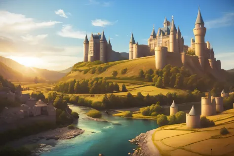 medieval castle, sunshine, valley, river, village, cinematic lighting,
