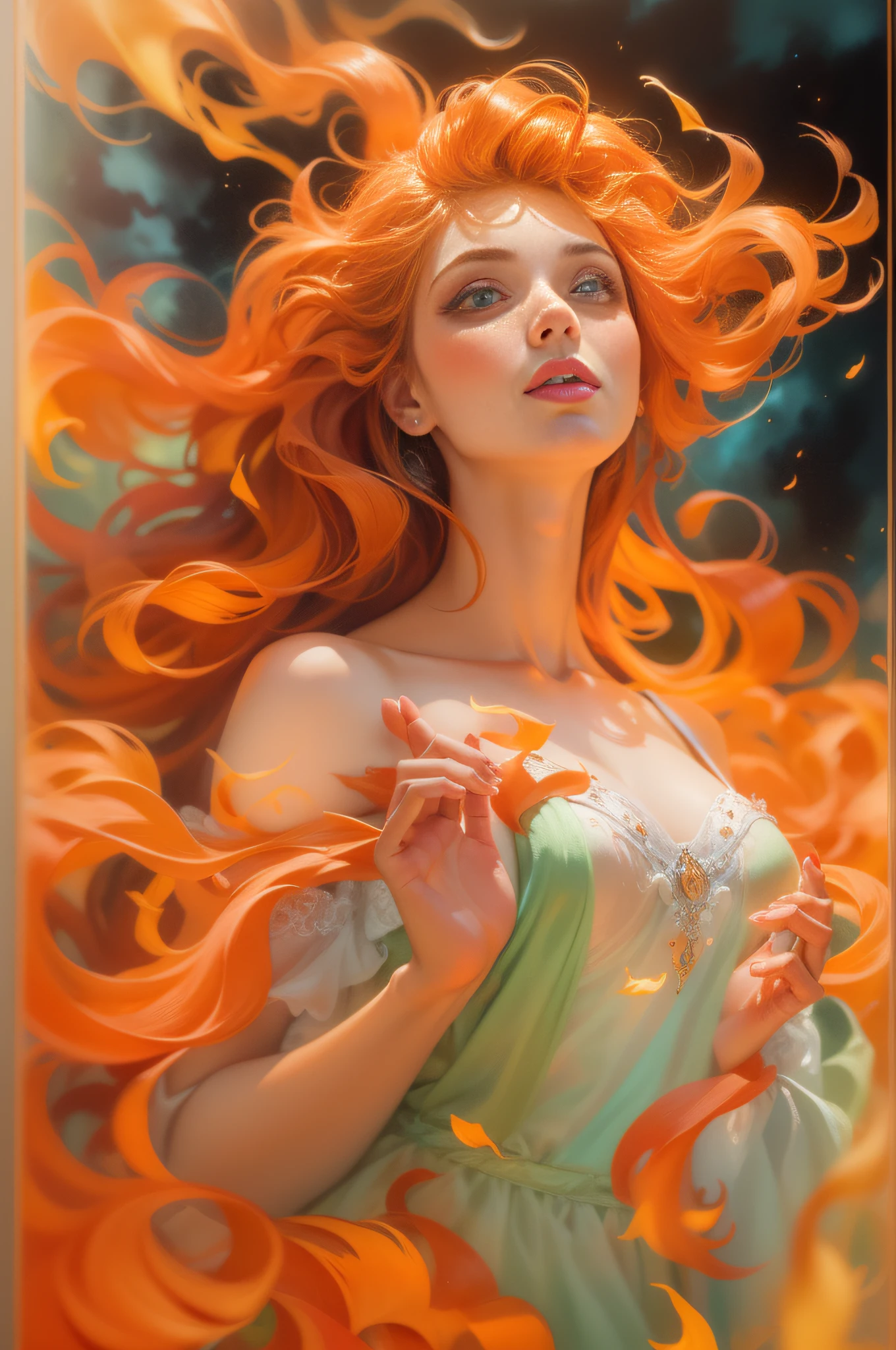 Gorgeous goddess of fire, (Float on fiery orange clouds); Perfect hair, perfect full lips, Delicate and perfect body, Her body is flawless, Amazing galactic garden, Background of flames, Floating on the clouds, Highly stylized features; (full bodyesbian), unsplash, Highly detailed, Digital painting, intricately detailed eyes, Colourful, Ink painting, Beautiful watercolor, Realistic, Detailed, fine art, Oil painting, Finely drawn hands; By Artgerm, by Alphonse Mucha, author：Ilya Kuvshinov sty, Paintings by Olga Shvasur, Svetlana Novykova