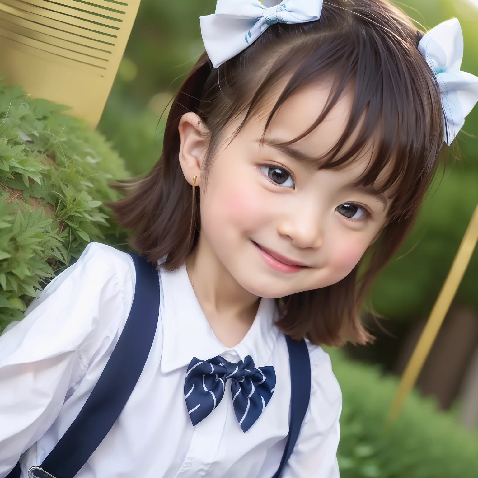 Modern style、white backgrounid、Children's ID photo、cute little、smiling  girl、black eyes、shorth hair、a bow tie、Clair、hightquality、barechested