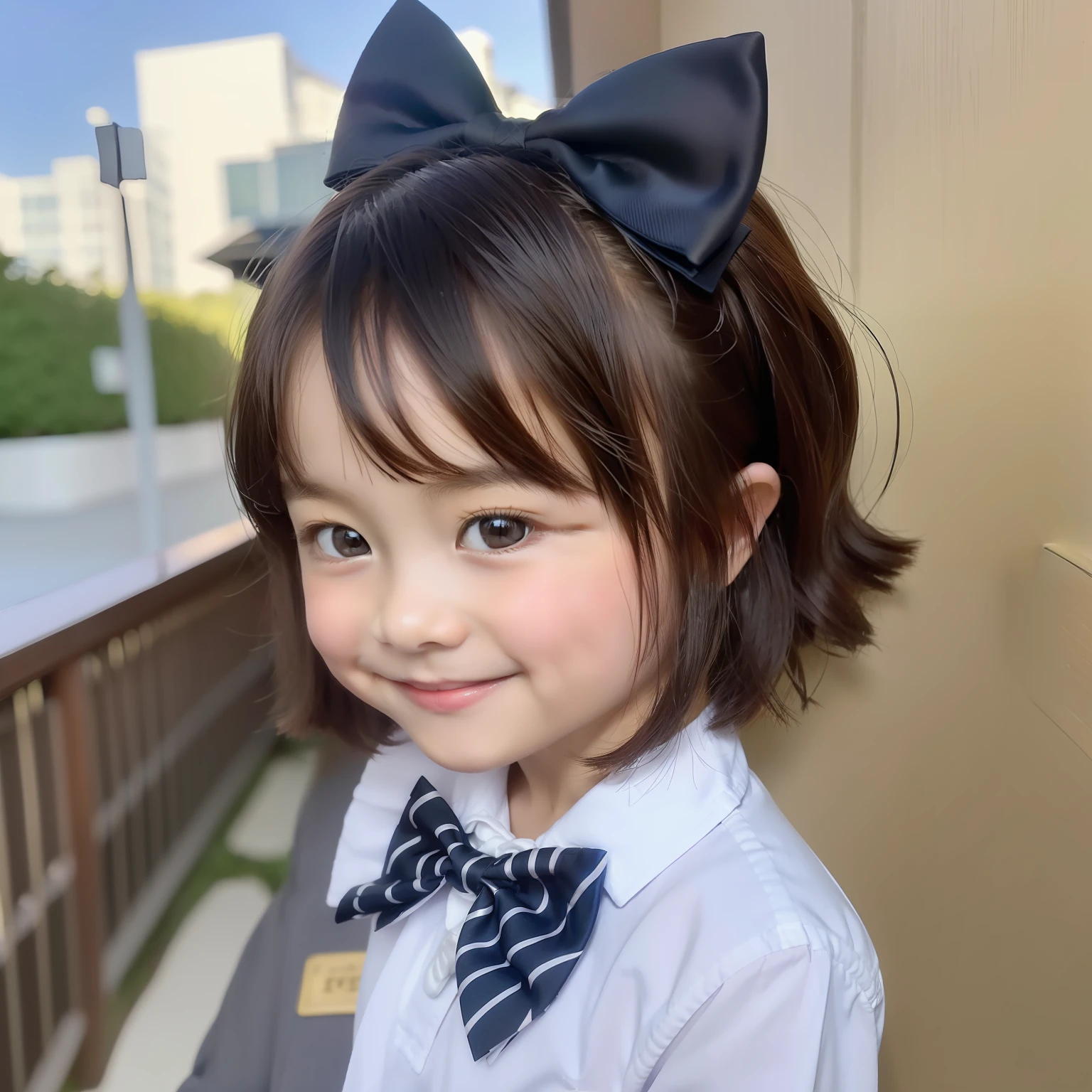 Modern style、white backgrounid、Children's ID photo、cute little、smiling  girl、black eyes、shorth hair、a bow tie、Clair、hightquality、barechested