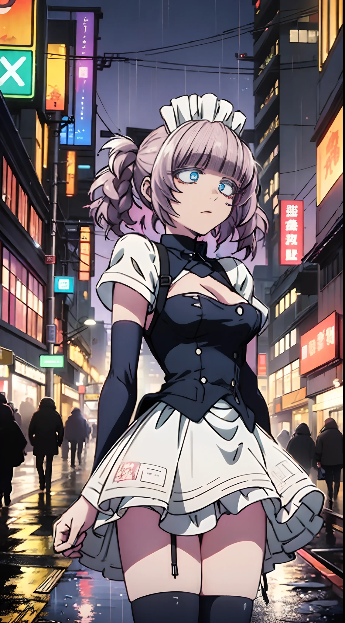 night, colorful cyberpunk city background, rain, street, maid girl, Nazuna Nanakusa,yofukashi no uta, blue eyes, white hair shining eyes, black stockings, backlit, glow, looking up audience, low angle lens, looking up lens, perfect composition, perfect light and shadow delicacy, 8k