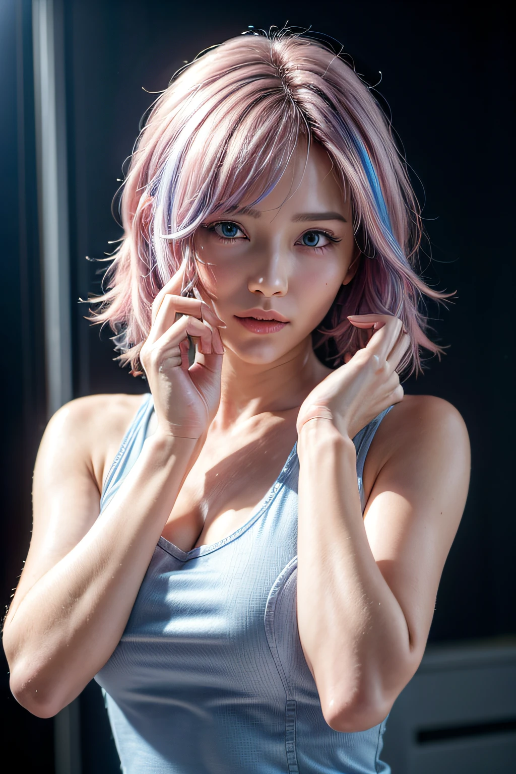 (masterpiece,realistic, best quality:1.4), excited 25yo woman, pokies,she is pointing out to the right hand side, wavy short hair, ((mix pink-blue hair)), floating hair by wind blow, solo, white gloves, gloves, looking at viewer, lovely eyes, short hair,jewelry, detailed face and eyes, delicate and beautiful face,upon_body, tyndall effect,photorealistic, dark studio, rim lighting, two tone lighting,(high detailed skin:1.2), 8k uhd, dslr, soft lighting, high quality, volumetric lighting, candid, Photograph, high resolution, 4k, 8k, pokies, Bokeh