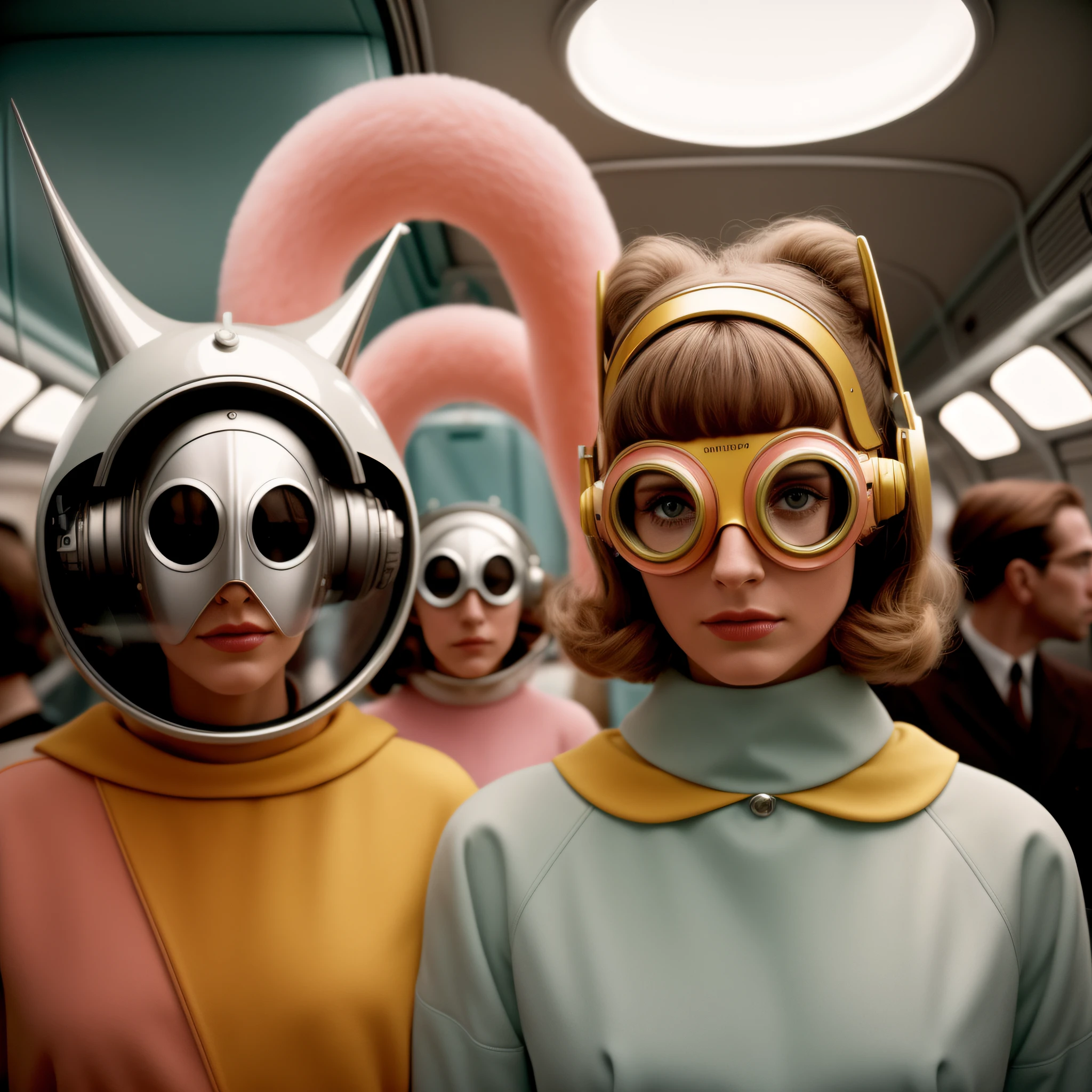 Portrait 4k de science-fiction des années 1960 par Wes Anderson, Vogue des années 1960, couleurs pastel, Homme avec un masque de poisson portant des tenues rétro futuristes étranges et une femme portant un casque de verre et des ornements techno dans le bus, lumière naturelle, Psychédélisme, étrange futuriste, photoréaliste, hyper détaillé, netteté, intrinsèque, mi gros plan, visage et yeux parfaits, grain de film, cinématique, Bokeh le mot | | | |, composition épique, éclairage naturel, la photographie, hyper réaliste, double exposition,  flou, flou de mouvement, Absurde, haut, haute qualité, meilleure qualité, premier travail, complexe,