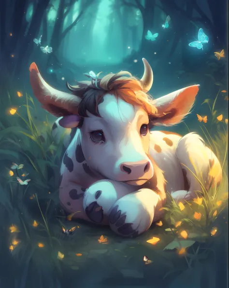 there is a cow laying down in the grass with butterflies, adorable digital painting, cow, cute detailed digital art, wlop painti...