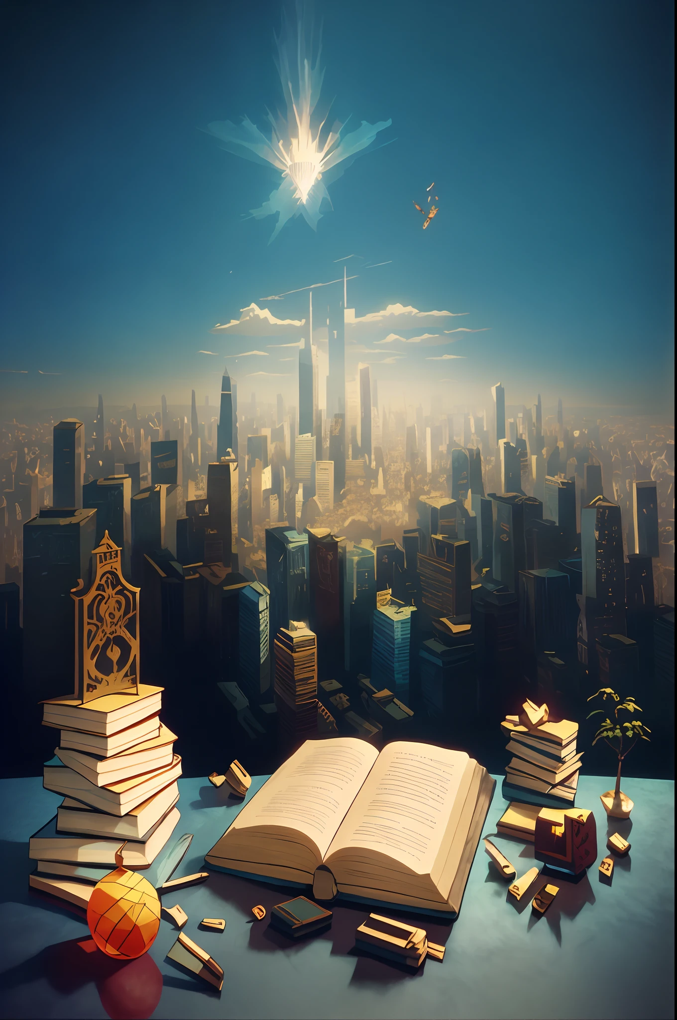 There was a book and a pencil on the table，The background is a city, Surreal cityscape background, detailed book illustration, 3 d epic illustrations, storybook realism, magic realism matte painting, optimistic matte painting, fantasy book illustration, book illustrations, Stylized urban fantasy artwork, awesome greate composition, highly detailed composition, surreal 3 d render, Illustration matte painting