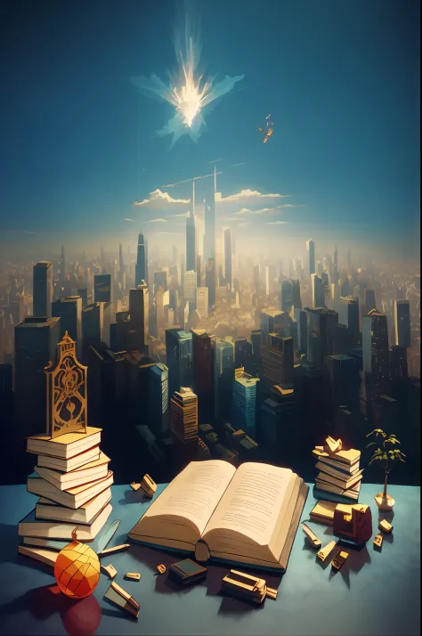 There was a book and a pencil on the table，The background is a city, Surreal cityscape background, detailed book illustration, 3 d epic illustrations, storybook realism, magic realism matte painting, optimistic matte painting, fantasy book illustration, bo...