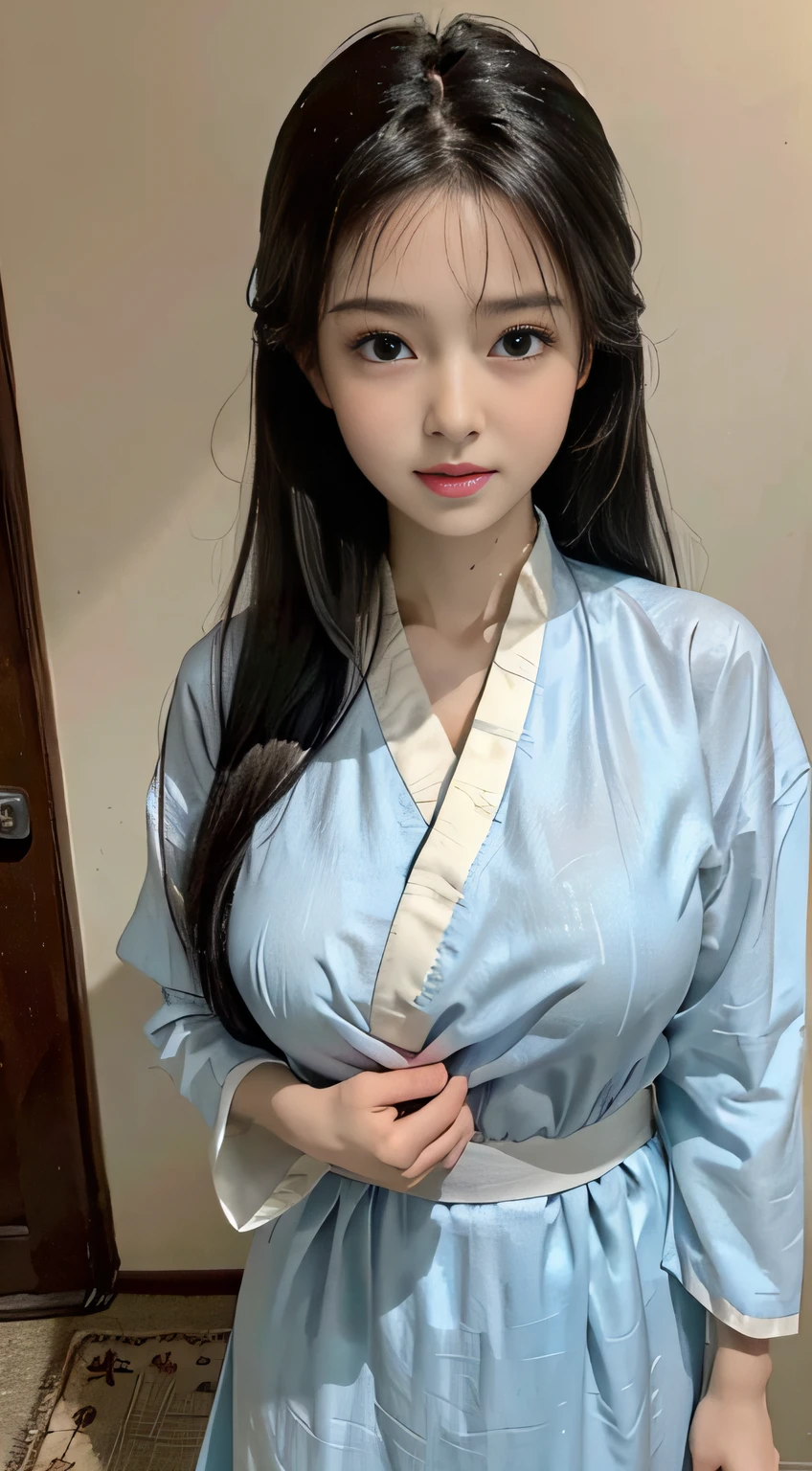 Master quality, highest quality, best picture quality, exaggerated details, a cute 8 year old asian  with a shy expression,a close up , perfect android girl slightly squinted eyes, adjusting her hair, long eyelashes (long hair / very, very exaggerated big breasts and tight, round breasts , posing in front of the camera, big breasts  , sweaty  wet breast hanfu open v chest clothes, hanfu tissue