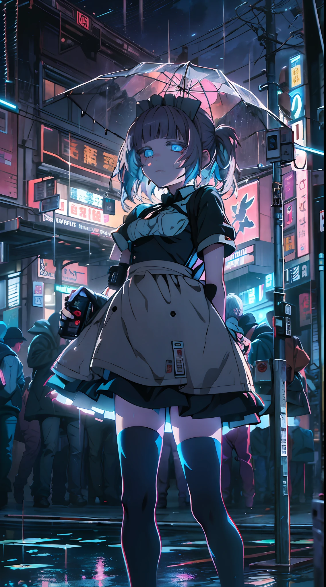 night, colorful cyberpunk city background, rain, street, maid girl, Nazuna Nanakusa,yofukashi no uta, blue eyes, shining eyes, black stockings, backlit, glow, looking up audience, low angle lens, looking up lens, perfect composition, perfect light and shadow delicacy, 8k