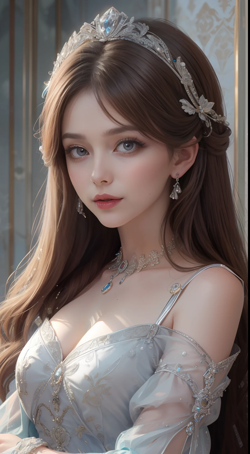 杰作，最高图像质量，一位皇家贵妇的美丽半身像，精致的棕色发型，银色的眼睛清澈，饰有令人眼花缭乱的精美珠宝，超级细节，升级版。