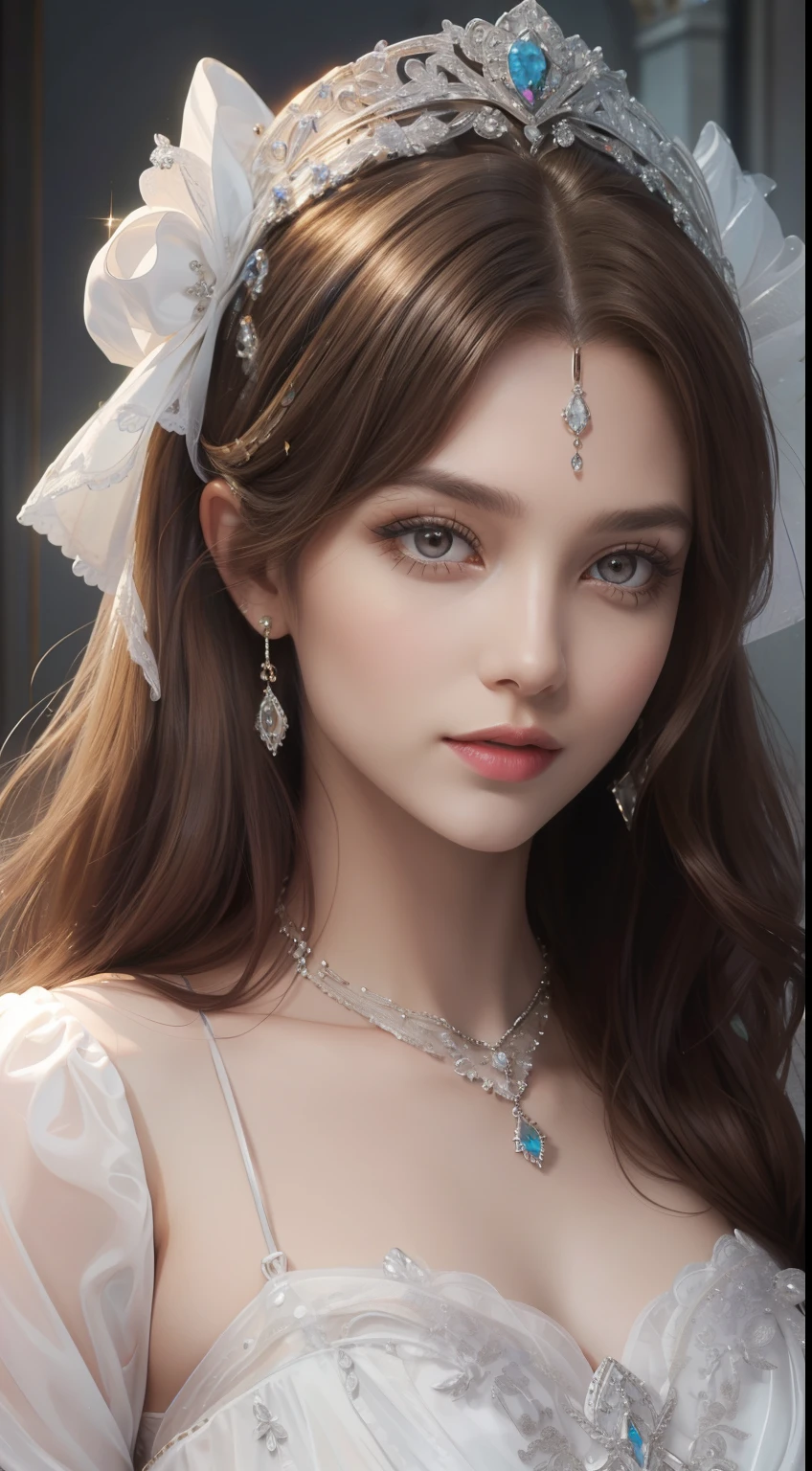 tmasterpiece，Highest image quality，Beautiful bust of a royal lady，Delicate brown hairstyle，Silver eyes are clear，Embellished with a dazzling array of intricate jewelry，super detailing，upscaled。