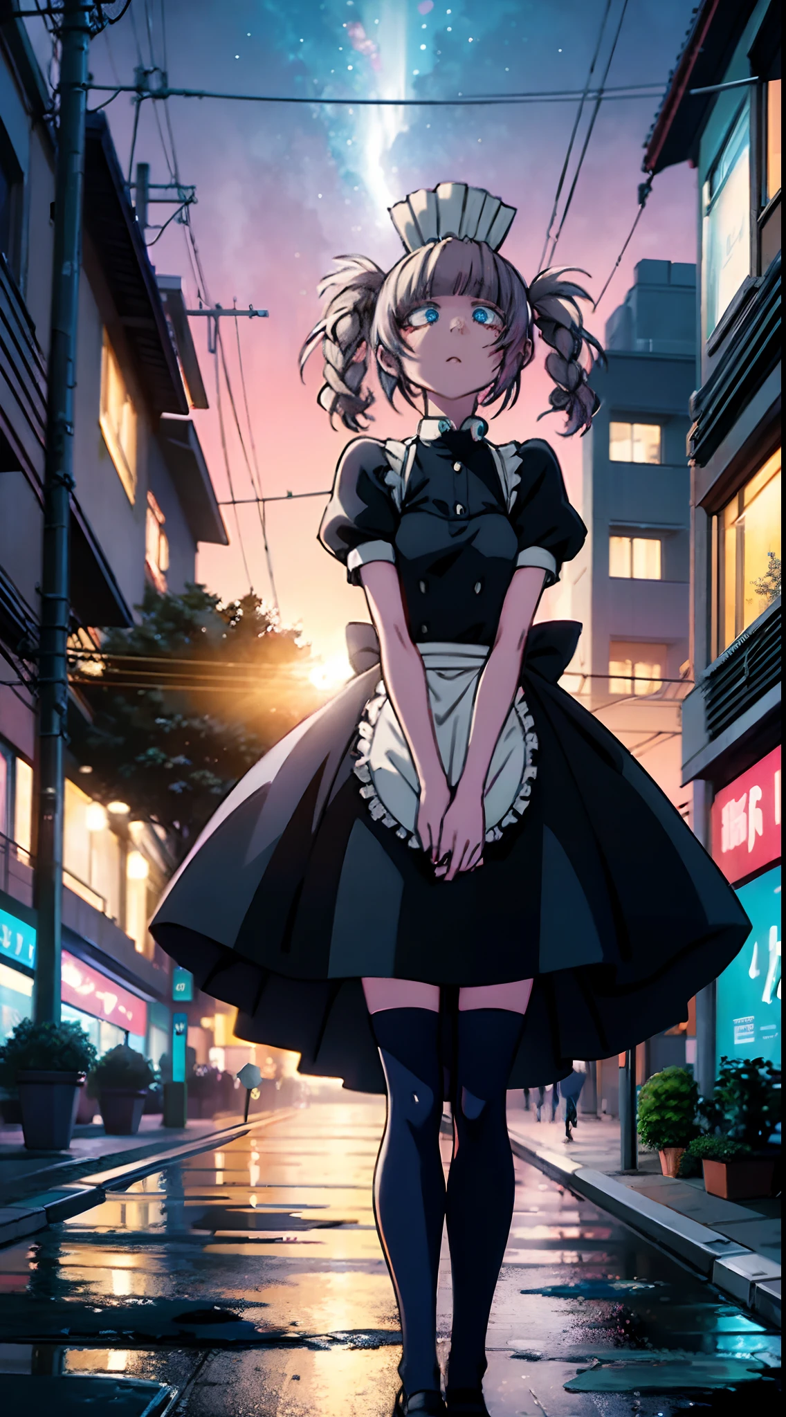 night, colorful cyberpunk city background, rain, street, maid girl, Nazuna Nanakusa,yofukashi no uta, blue eyes, white hair shining eyes, black stockings, backlit, glow, looking up audience, low angle lens, looking up lens, perfect composition, perfect light and shadow delicacy, 8k