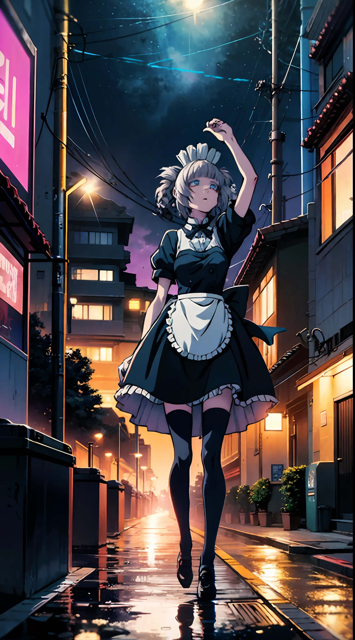 night, colorful cyberpunk city background, rain, street, maid girl, Nazuna Nanakusa,yofukashi no uta, blue eyes, white hair shining eyes, black stockings, backlit, glow, looking up audience, low angle lens, looking up lens, perfect composition, perfect light and shadow delicacy, 8k