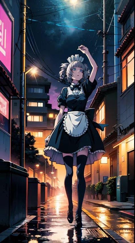 night, colorful cyberpunk city background, rain, street, maid girl, nazuna nanakusa,yofukashi no uta, blue eyes, white hair shin...