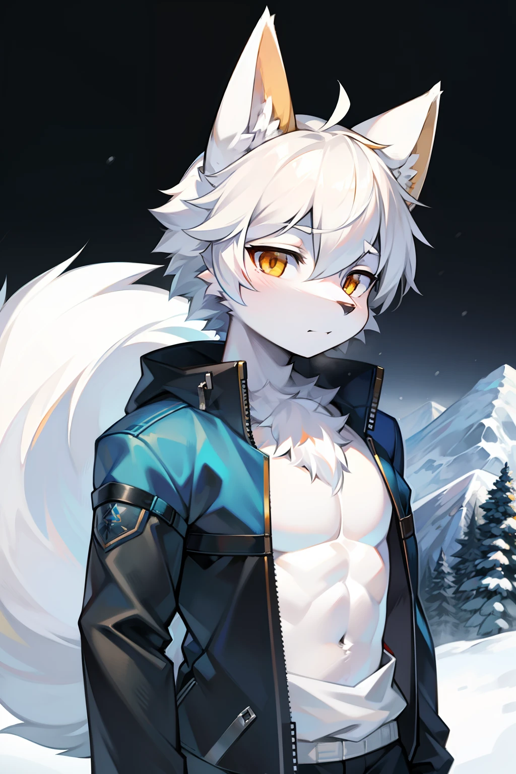 Snowy mountains Snow，full bodyesbian,Young Wolf,人物,tmasterpiece，Blue down jacket,Furry tail,Highest image quality,8K,Full HD background，Cartoony，adolable，komono，male people，a plush，Furry，White fur，White body，blue ear，Orange-yellow eyes，solo person, Wolf tail, Wolf ears, ((half-body portrait)),Soft lines，Soft lines of clothing