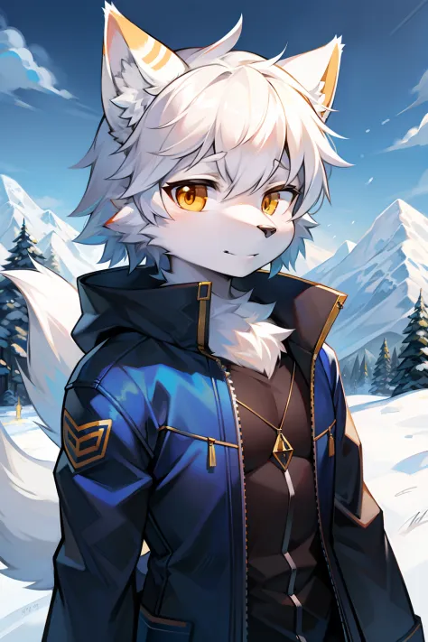 Snowy mountains Snow，full bodyesbian,Young Wolf,人物,tmasterpiece，Blue down jacket,Furry tail,Highest image quality,8K,Full HD bac...