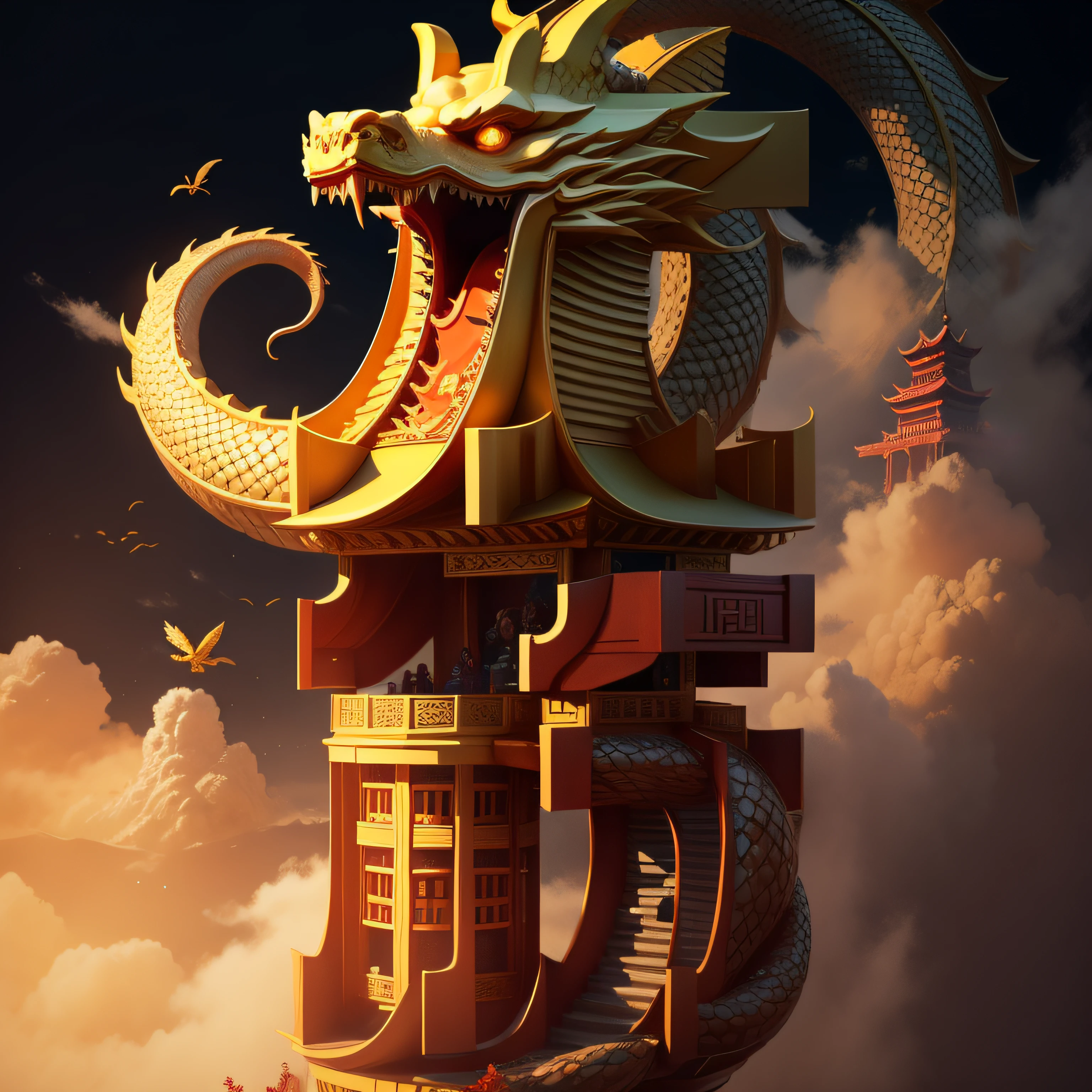 O dragão voador paira sobre o edifício de estilo chinês，ouro，totem，obra-prima，melhor qualidade，ultra-detalhado。