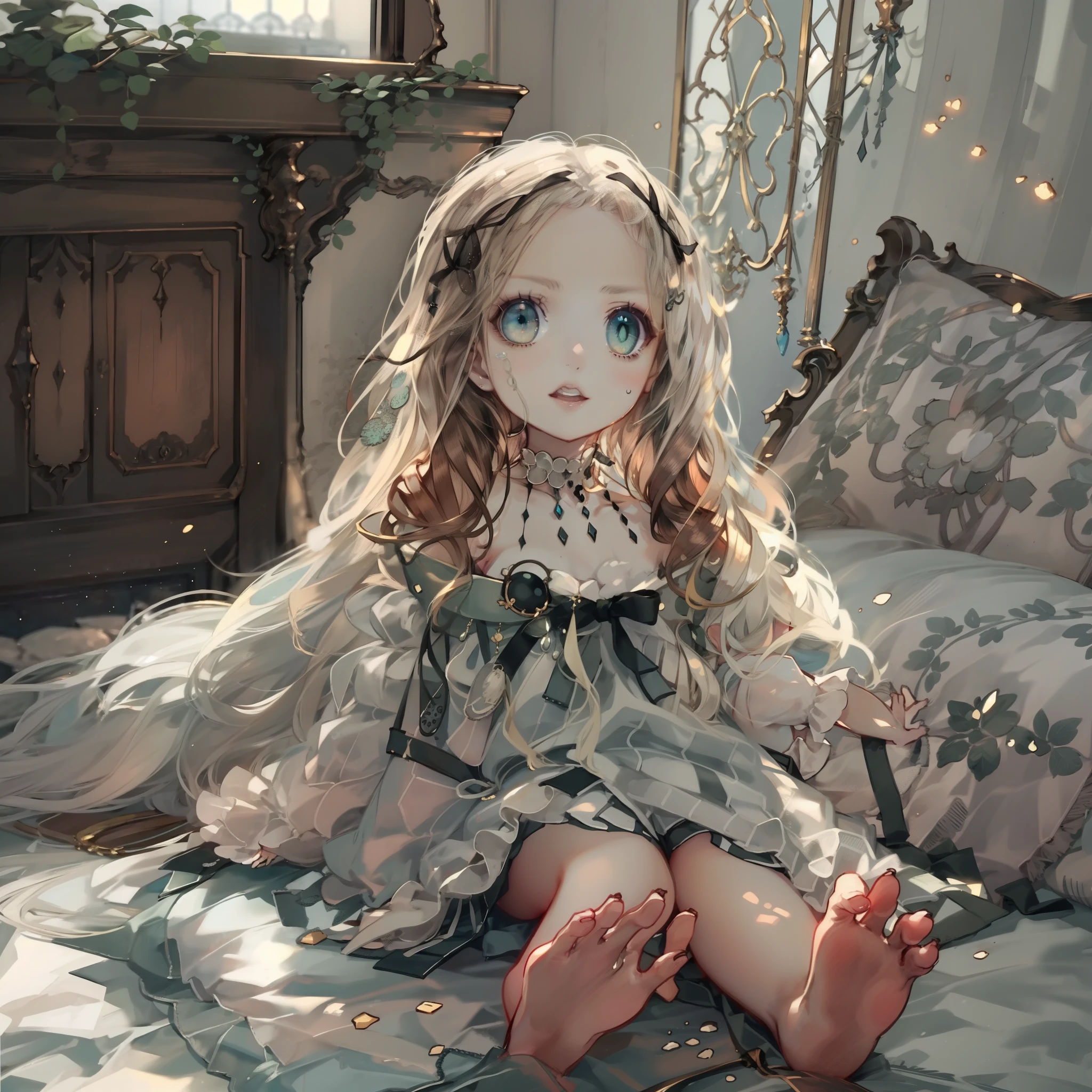 very cute female child:1.1,10 yo,Gothic Lolita:1.8,dutch angle shot,ground-level shot,low angle,full body shot,medium shot,Barefoot,livingroom:1.5,Summer,day, Long hair,flat chest,Wind,Drooping sweat:1.1,(4K), (Raw photo: 1.2), (Realism: 1.4), (masutepiece: 1.3), (exquisite detailing: 1.2), Delicate and beautiful details, (Eye Detail), (Facial Detailed), (Highest Quality) :1.4), (Hyper-Resolution: 1.2),(very detailed illustration), Best Quality,depth of fields, Wide light, natural shadows