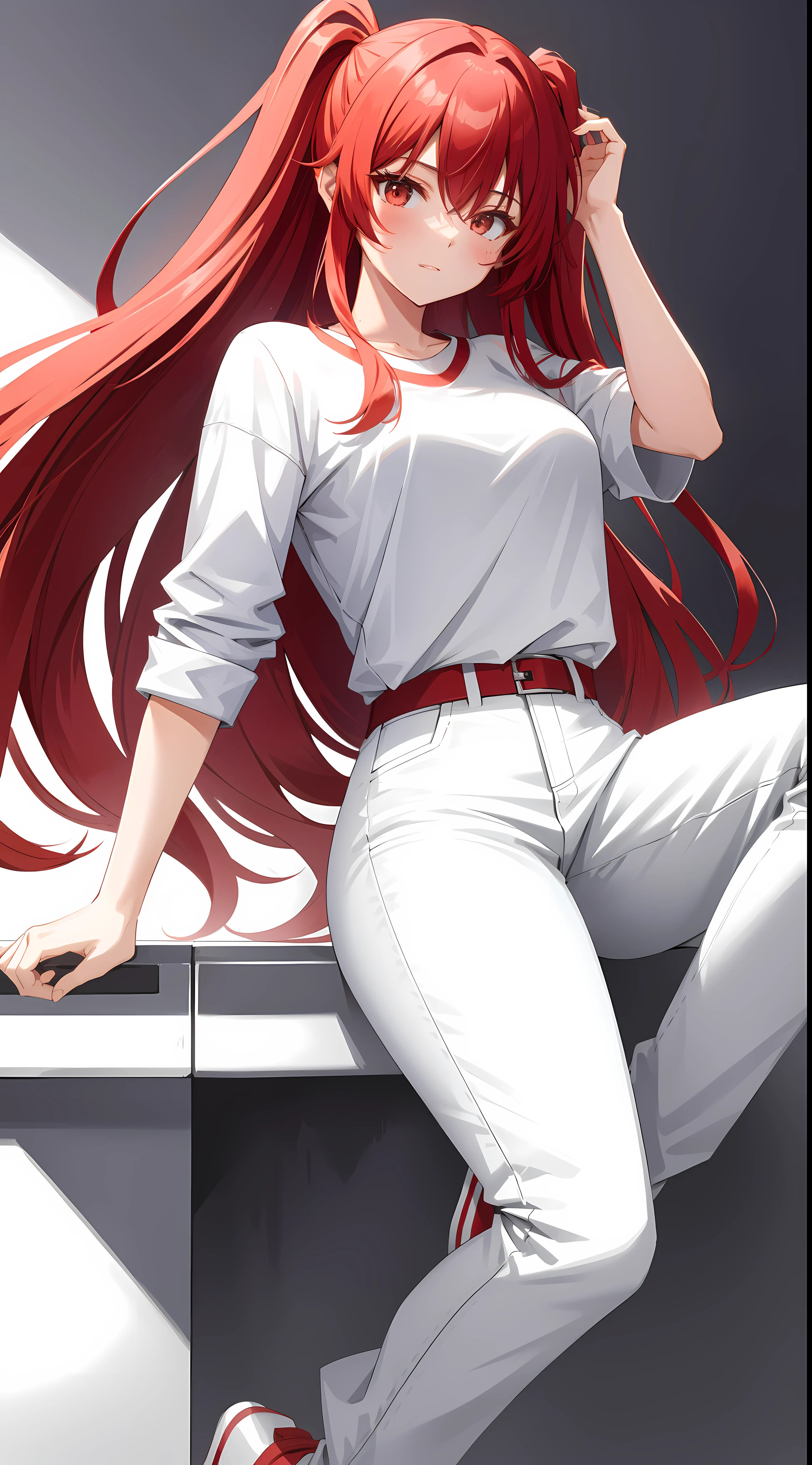 Anime girl with long red hair sitting on a table - SeaArt AI