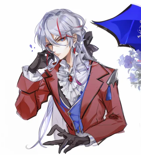 Anime character with white hair and blue eyes holding an umbrella, Beautiful androgynous prince, Delicate androgynous prince, a ...