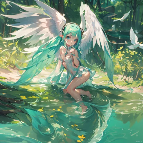 Angel with wings on his back:1.8,dutch angle shot,ground-level shot,low angle,full body shot,medium shot,very cute female child:1.8,8 yo,1 bird,miku hatsune:1.5,Wet and see-through clothes:1.5,Playing by the river,Barefoot,Sweat, Summer,day,Flat-breasted,(...