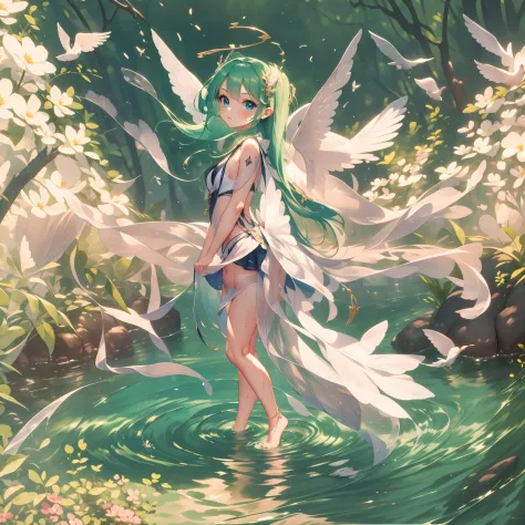 Angel with wings on his back:1.8,dutch angle shot,ground-level shot,low angle,full body shot,medium shot,very cute female child:1.8,8 yo,1 bird,miku hatsune:1.5,Wet and see-through clothes:1.5,Playing by the river,Barefoot,Sweat, Summer,day,Flat-breasted,(...
