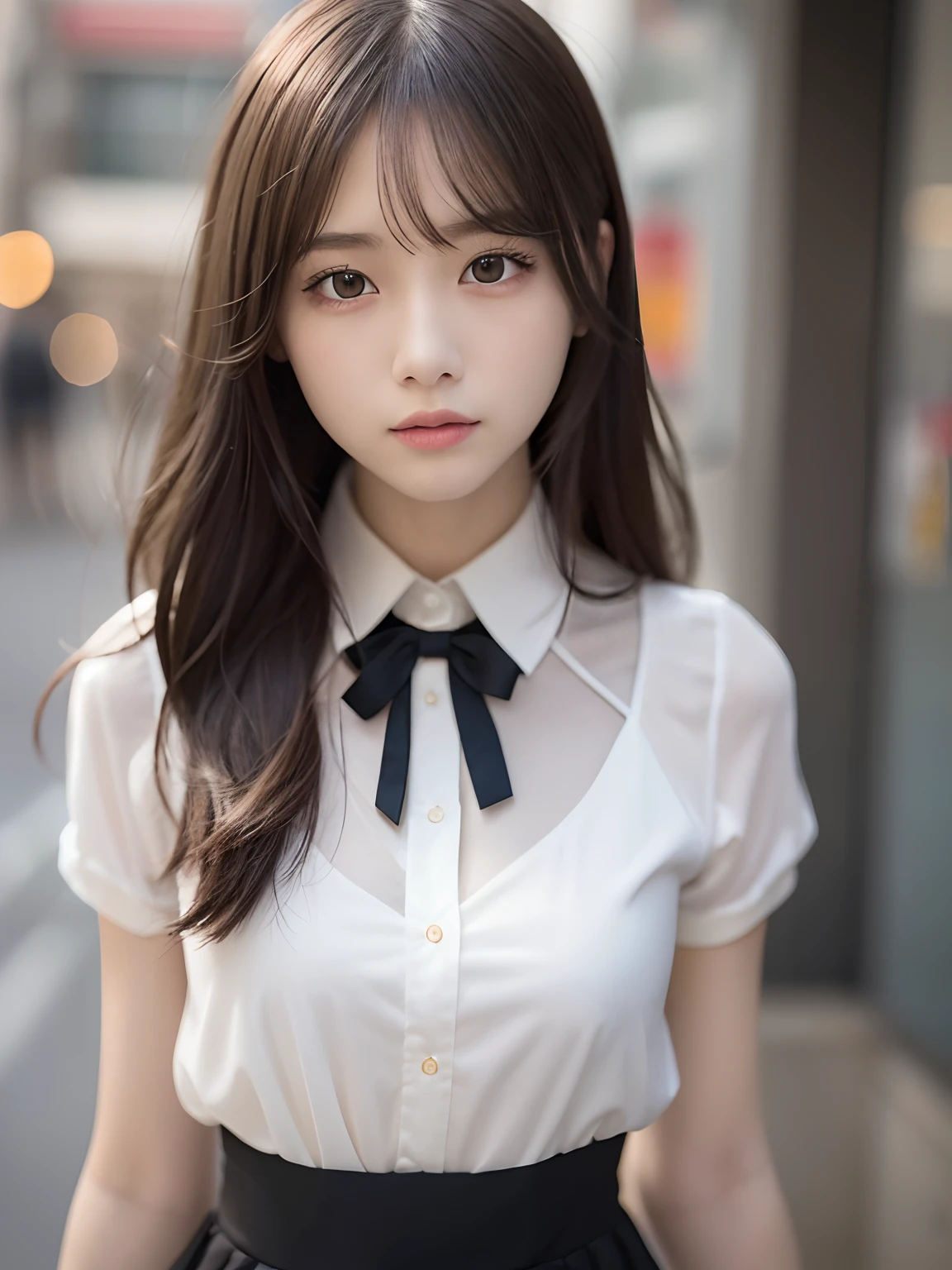 tmasterpiece，top-quality，offcial art，Highly detailed CG Unity 8K wallpapers，Like schoolgirls，very delicate beautiful，超A high resolution，（realisticlying：1.4），Golden hour lighting，（The upper part of the body），（Platinum shorthair：0.8），（puffy eye），looking at viewert，facingfront，ssmile，JK skirt，small busts，white dresses，Shirt boosts long black hair，（jiayi：1.5）， closeup cleavage， tmasterpiece， best qualtiy， RAW photogr， realisticlying， the face， Incredibly Ridiculous res， depth of fields， A high resolution， ultra - detailed， finedetail， The is very detailed， extremely detailed eyes and face， Sharp pupils， realistic pupil， tack sharp focus， cinmatic lighting