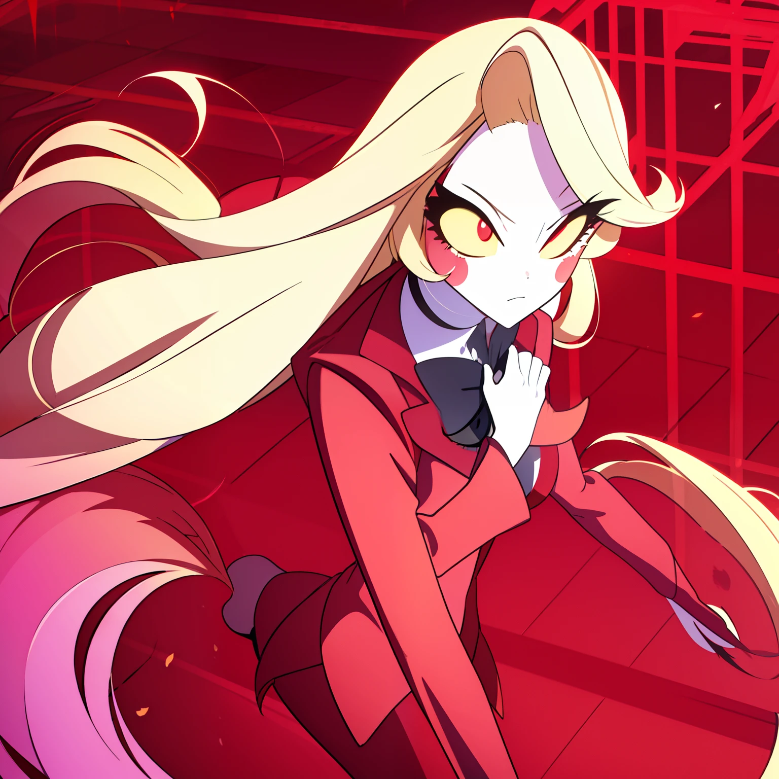 Charlie Morningstar, long hair, red suit, red pants, 1girl, yellow sclera, blonde hair, white skin, perfect anatomy, better hands anime style