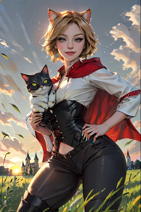 Catgirl thief standing with one hand on her hip the other lifted up near her face showing off her claws, short blonde hair, beig...