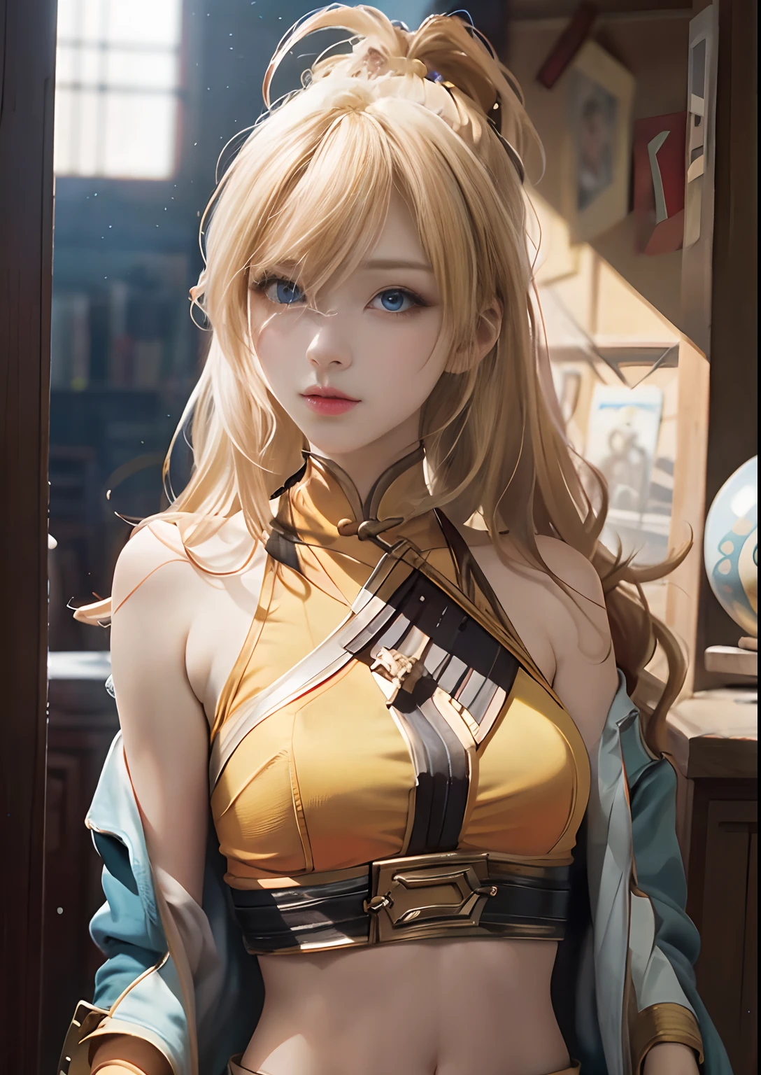 "(Masterpiece, Best quality, Realism, Real, Photo: 1.4), Ji Xiaoman, Blonde, very cute face, Blue eyes, Upper body, Big breasts, Real, Photo"