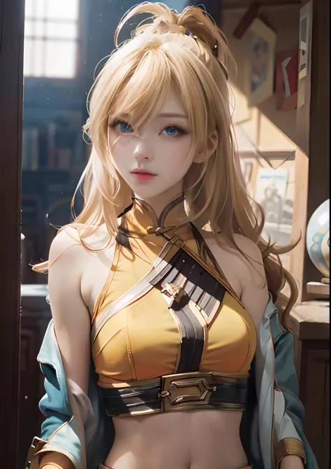 "(Masterpiece, Best quality, Realism, Real, Photo: 1.4), Ji Xiaoman, Blonde, very cute face, Blue eyes, Upper body, Big breasts,...
