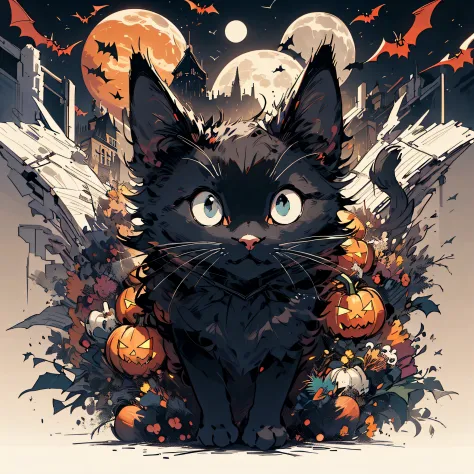 print ready vector t-shirt design, halloween scene with black cats, spiders and pumpkin, with beautiful nocturnal moon and bats ...