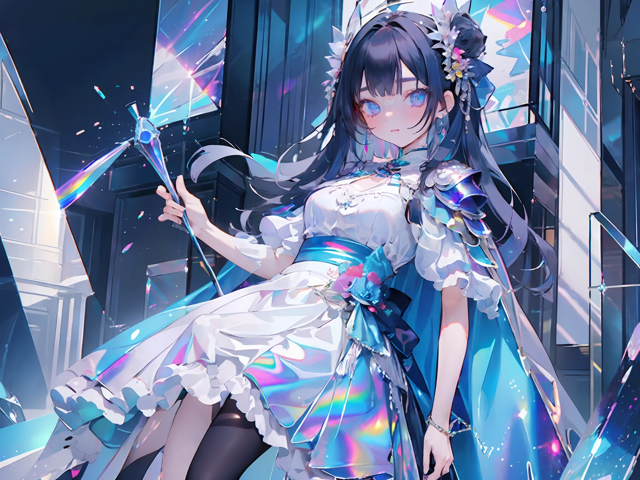 1girl, holding a vase of metallic material with colorful texture, the vase is holding mystical and magical flowers that glow in an elusive teal aura, (masterpiece:1.2, best quality), the girl is holographic clothing,(((holographic cape))), tight fantasy armor with silver metal detailing with swirls and floral pattern, ((dark blue hair with rainbow gloss)) big mystical eyes that shine like jewels, big crystals all over the house, she is inside a mage's lair full of mysterious artifacts that shine with power, (intricate details, depth of field, intense focus), digital illustration, beautiful, holographic, holo details, holographic shiny suit, powerful aura, mystic, mythical, dramatic scene, movie