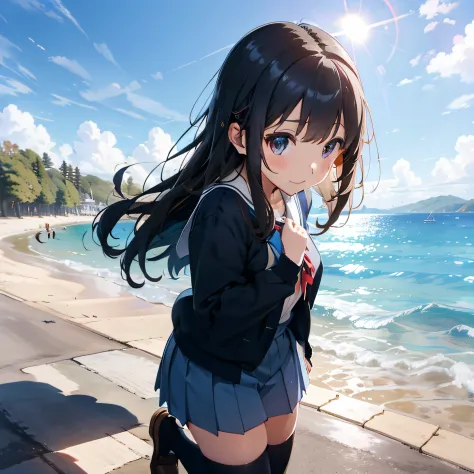 Anime,beach,rear view, brownskin, cute girl,black pig tails,blue