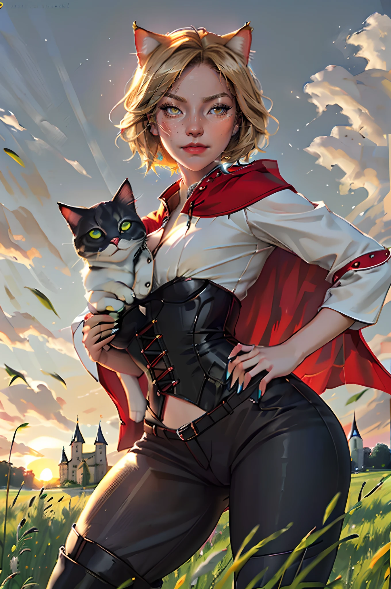 Catgirl thief standing with one hand on her hip the other lifted up near her face showing off her claws, short blonde hair, beige pants, black boots, white corset, catbell coller, red cloak, blonde cat ears, blonde cat tail, large yellow cat eyes, cat claws, smirking, (grassy field in front of massive castle:1.3) (sunset:1.1) mist ray tracing z pass, (masterpiece) (best quality) (detailed) (8k) (cinematic lighting) (sharp focus) (intricate)