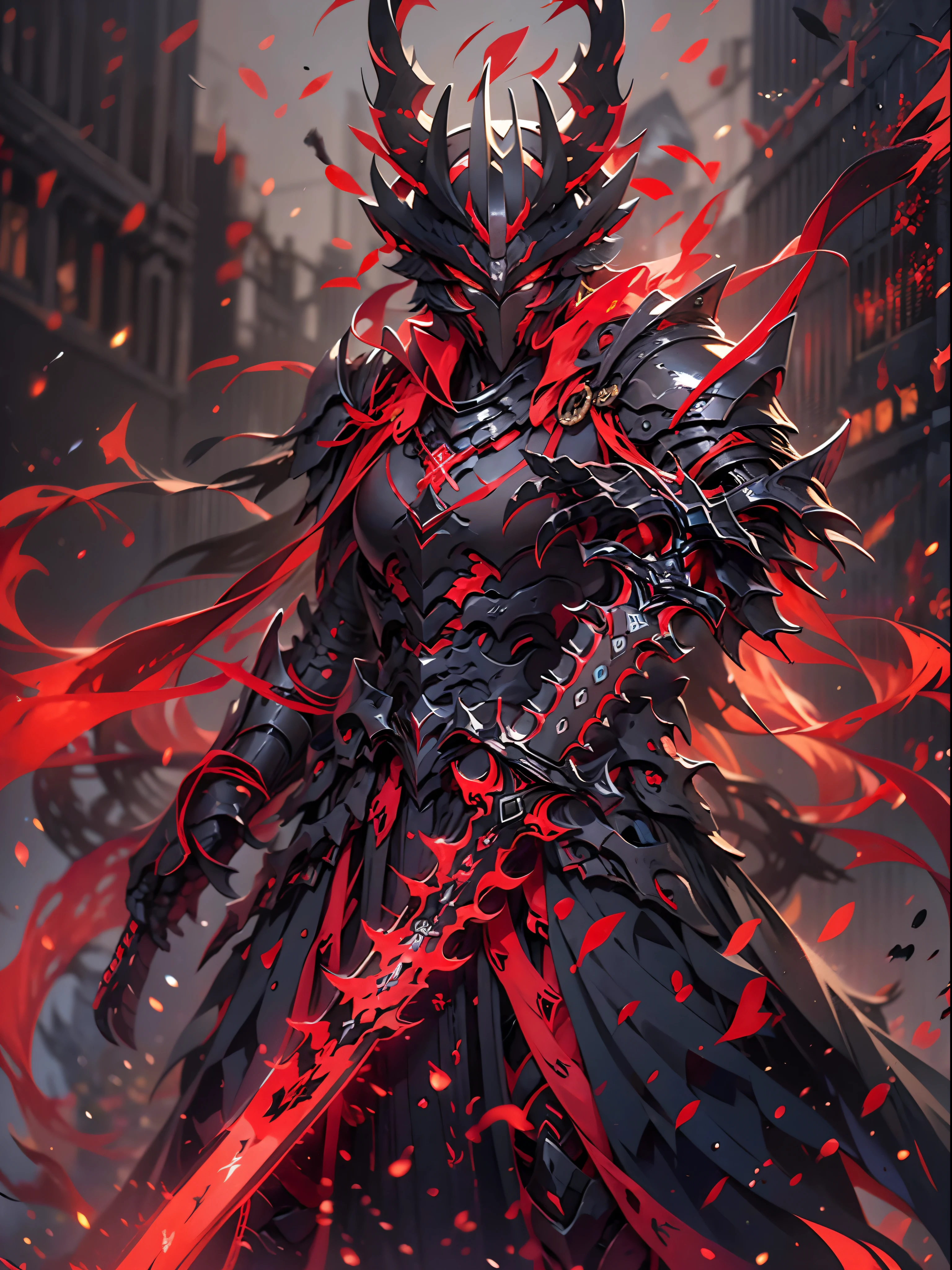 eine Nahaufnahme einer Person, die ein Schwert und ein rotes Licht hält, Herrscher des Infernos, schöner männlicher Todesgott, schwarzes Feuer Farbe reflektiert Rüstung, Dämon Samurai warrior, Dämon Samurai, Keqing aus Genshin Impact, König der Zeit Reaper, Ares mit schwerer Rüstung und Schwert, lord of cinder, Rote Dämonenrüstung, schwarze und rote Rüstung, blutrote Rüstung