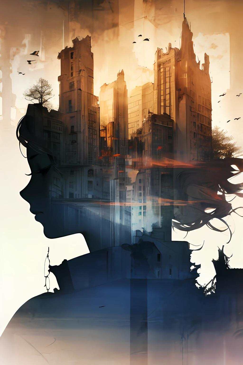 a praying girl, city in ruins, double exposure