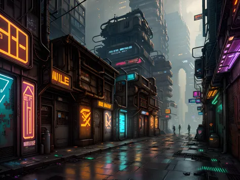 an aged, narrow alleyway in a futuristic city, framed by towering skyscrapers adorned with holographic advertisements; the alley...