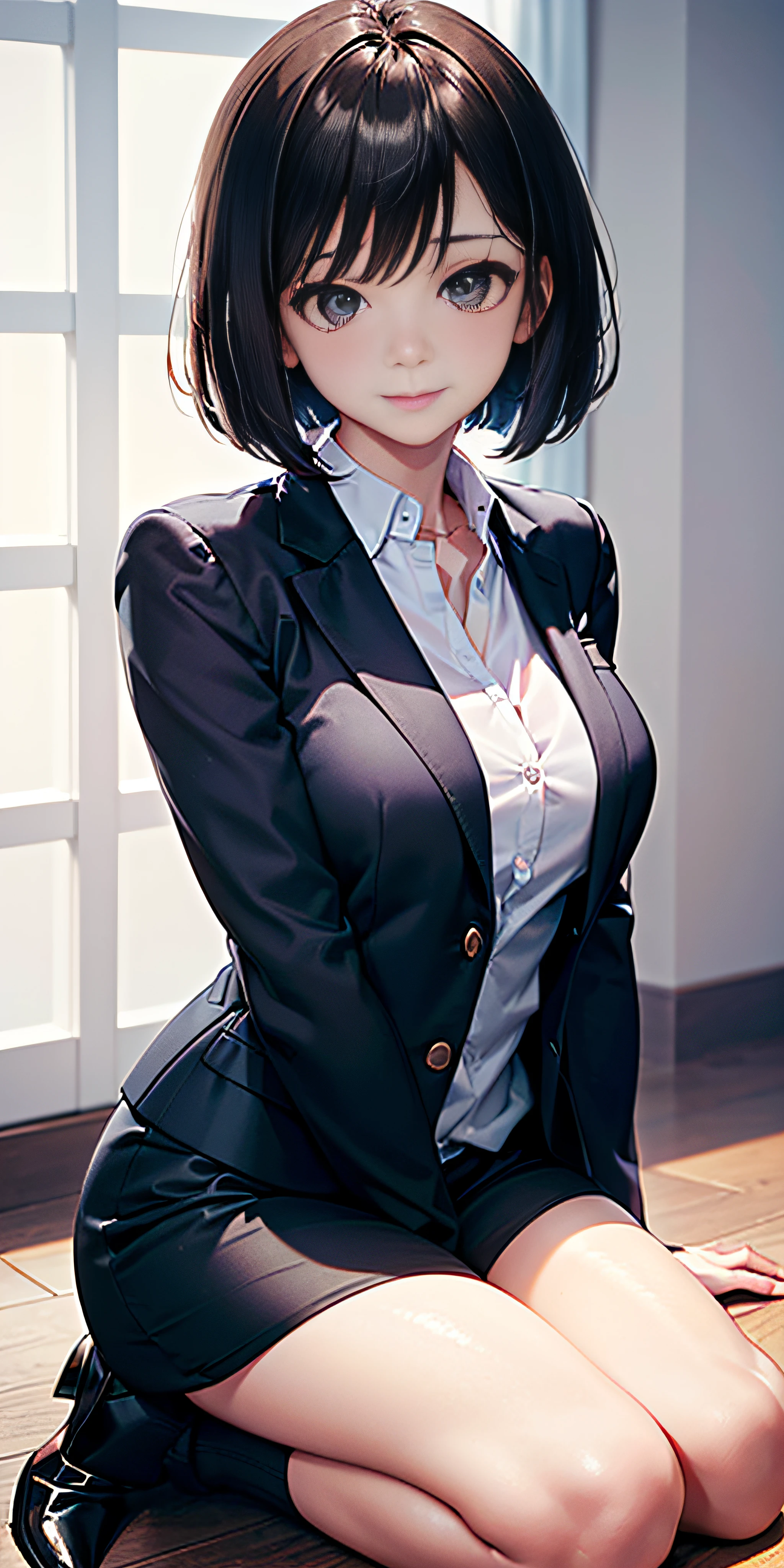 Anime - style image of a woman in a short skirt and jacket sitting on the  floor - SeaArt AI