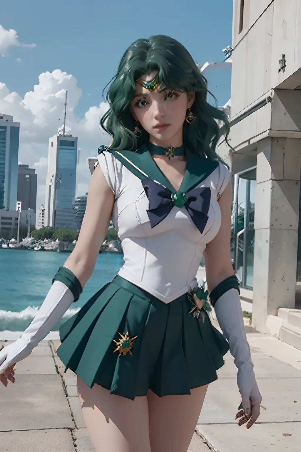 close-up, 1girl, sailor neptune, (sailor senshi uniform:1.2), (aqua eyes:0.9), dark green hair, medium hair, plead skirt, best quality, earrings, masterpiece, high resolution, intricate details, (( realistic )), photographic, (white elbow gloves:1.1), jewelry, Medium breast, full body, Dynamic background, dynamic posture,