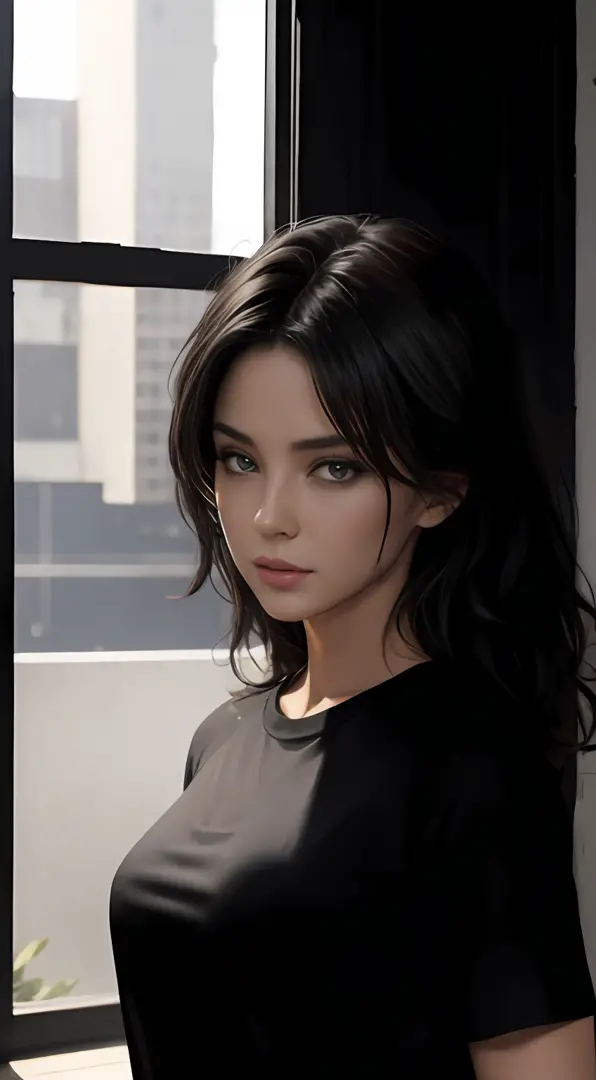 ``a girl  (25yrs) black shirt with a cat stamp, is posing for a picture ,(black choppy hair), photorealism, computer graphics, A...